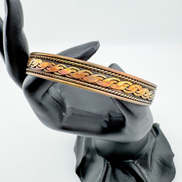 Vintage Copper Brass Cuff Bracelet Swirl Design Mixed Metal Boho Unisex Retro - Picture 1 of 7